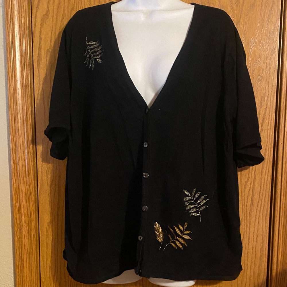 Black Cardigan with Gold Leaf Embroidery